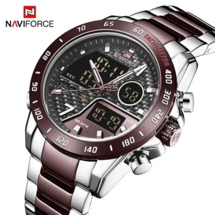 NAVIFORCE NF9171 Men's Luxury Dual Display Watch – Silver Stainless Steel with Royal Blue Dial