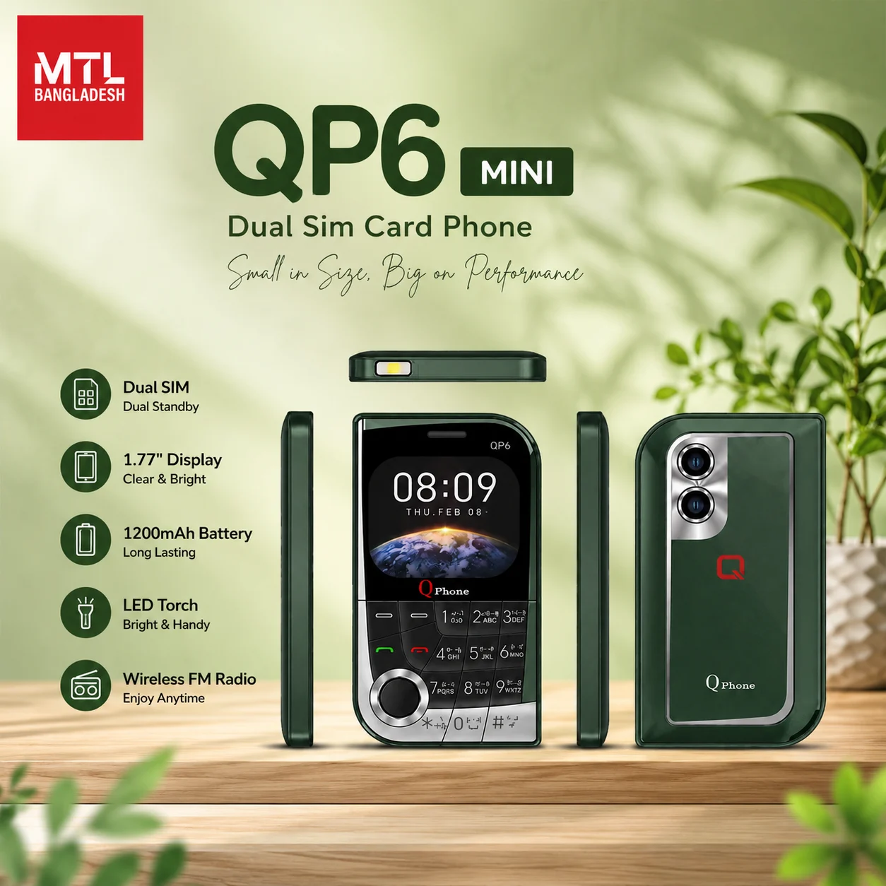 QP6 Mini Dual Sim Card Phone - Green