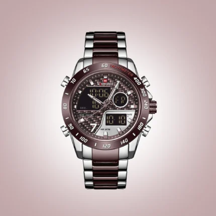 NAVIFORCE NF9171 Men's Luxury Dual Display Watch – Silver Stainless Steel with Royal Blue Dial