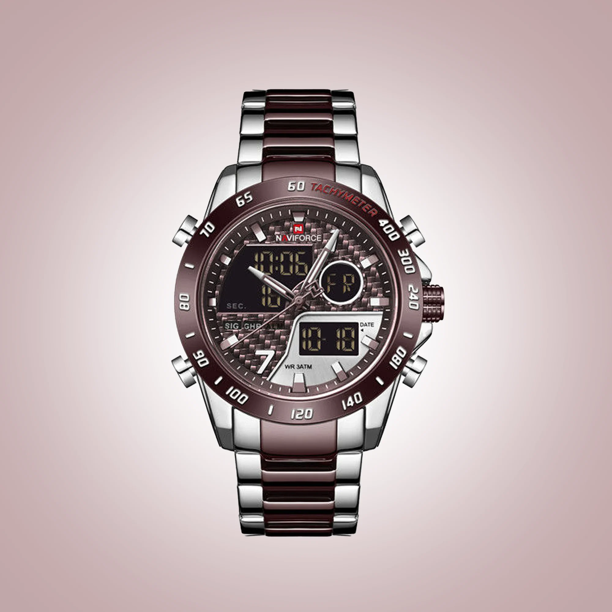 NAVIFORCE NF9171 Men's Luxury Dual Display Watch – Silver Stainless Steel with Royal Blue Dial