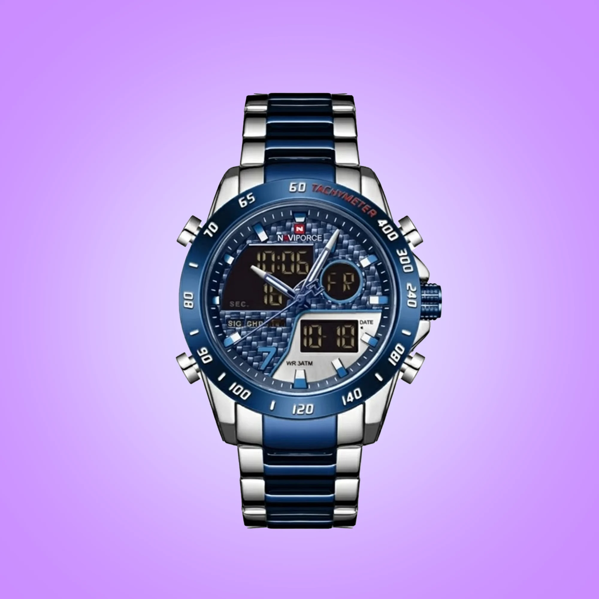 NAVIFORCE NF9171 Men's Luxury Dual Display Watch – Silver Stainless Steel with Royal Blue Dial - Image 4