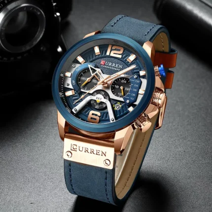 CURREN Men's Luxury Chronograph Quartz Leather Strap Waterproof Wrist Watch (Blue & Rose Gold)