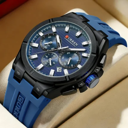 CURREN Men's Luxury Sports Quartz Chronograph Waterproof Silicone Strap Wrist Watch (Blue / Black Gold / Green)
