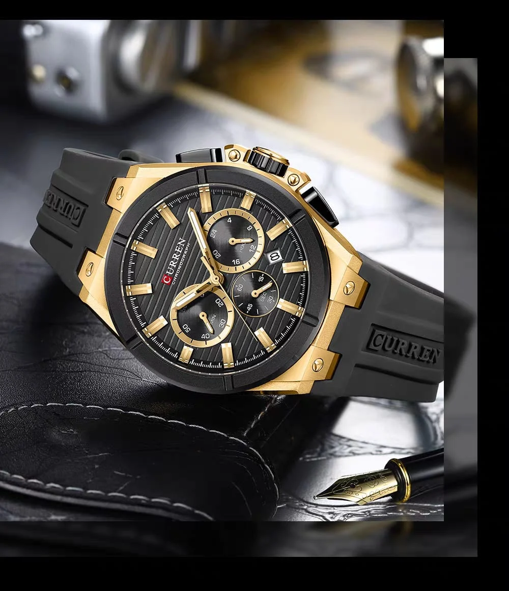 CURREN Men's Luxury Sports Quartz Chronograph Waterproof Silicone Strap Wrist Watch (Blue / Black Gold / Green) - Image 3