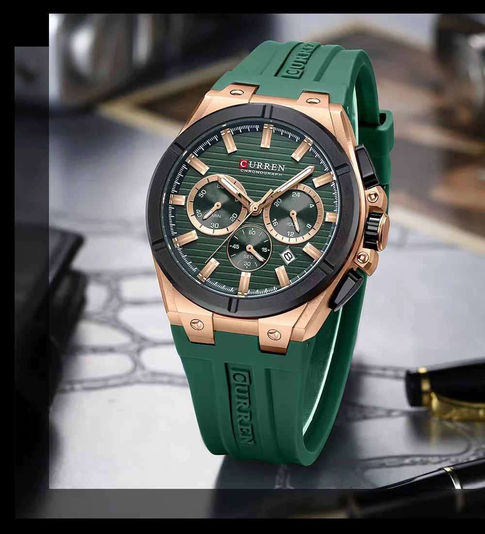 CURREN Men's Luxury Sports Quartz Chronograph Waterproof Silicone Strap Wrist Watch (Blue / Black Gold / Green) - Image 2